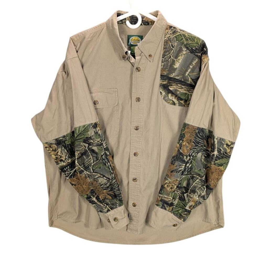 Vtg Cabelas Left Handed Shooting Shirt Mens XL Tan Camo Long Sleeve Hunting